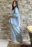 Arbi Gingham Peasant Smock Blouse Denim